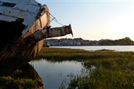 Beached boat and view toward Bideford